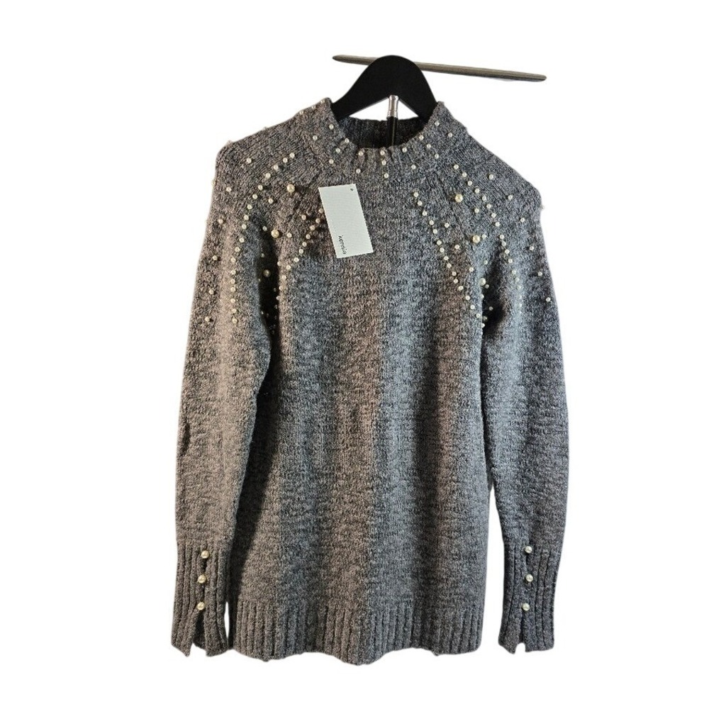 Kensie Womens Grey Pearl Embellished Mock Neck‎ Knit Sweater Small New With Tags
